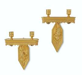 A PAIR OF DIRECTOIRE ORMOLU TWIN-BRANCH WALL-LIGHTS