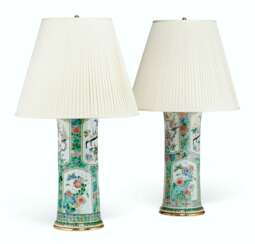 A NEAR PAIR OF LARGE CHINESE FAMILLE VERTE BEAKER VASES, MOUNTED AS LAMPS