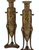 A PAIR OF FRENCH NEO-GREC PARCEL-GILT, PATINATED BRONZE AND ROUGE GRIOTTE VASES
