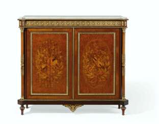 A NAPOLEON III ORMOLU-MOUNTED AMARANTH, AMBOYNA, BOIS SATINE AND STAINED FRUITWOOD MARQUETRY SIDE CABINET