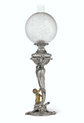A VICTORIAN SILVERED AND GILT BRONZE FIGURAL OIL LAMP