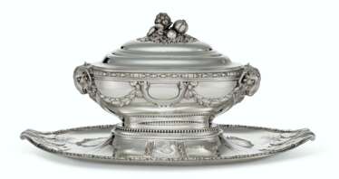A FRENCH SILVER TUREEN, COVER AND STAND