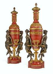 A PAIR OF FRENCH ORMOLU AND PATINATED BRONZE-MOUNTED ROUGE MARBLE VASES AND COVERS