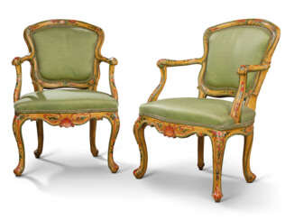A PAIR OF NORTH ITALIAN POLYCHROME 'LACCA' ARMCHAIRS 