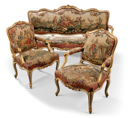 A LOUIS XV WHITE-PAINTED AND PARCEL-GILT SUITE OF SEAT FURNITURE COVERED IN CONTEMPORARY BEAUVAIS TAPESTRY - photo 7