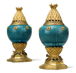 A PAIR OF FRENCH ORMOLU-MOUNTED TURQUOISE-GLAZED PORCELAIN POT-POURRI VASES AND COVERS