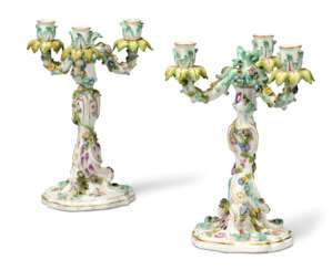 A PAIR OF MEISSEN PORCELAIN THREE-LIGHT CANDELABRA