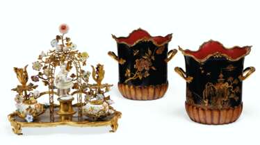 A LOUIS XV ORMOLU-MOUNTED LACQUER, MEISSEN AND FRENCH PORCELAIN ENCRIER, AND A PAIR OF FRENCH ORMOLU AND POLYCRHOME TOLE PEINTE CACHE POTS