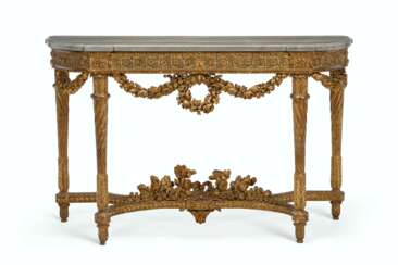 A LOUIS XVI GILTWOOD AND BLUE-PAINTED CONSOLE TABLE