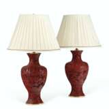 A PAIR OF CHINESE CARVED RED LACQUER BALUSTER VASES MOUNTED AS LAMPS - photo 1