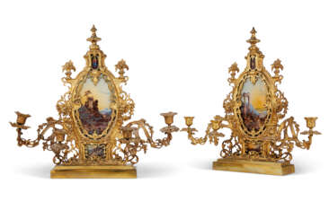 A PAIR OF VICTORIAN ORMOLU AND VERRE EGLOMISE FOUR-LIGHT CANDELABRA