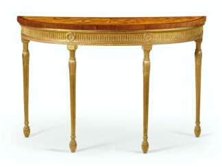 A GEORGE III GILTWOOD, SATINWOOD AND MARQUETRY D-SHAPED SIDE TABLE
