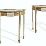 A PAIR OF ITALIAN WHITE AND SIENA MARBLE DEMI-LUNE TABLES - фото 1