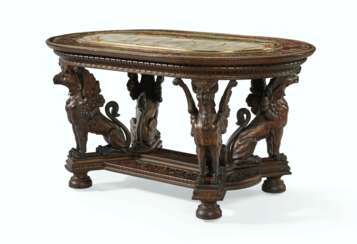 AN AMERICAN NEO-GREC PARCEL-GILT, PATINATED BRONZE, MEXICAN ONYX AND ROSEWOOD CENTER TABLE