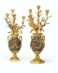 A PAIR OF FRENCH ORMOLU-MOUNTED MARBLE FOUR-LIGHT CANDELABRA