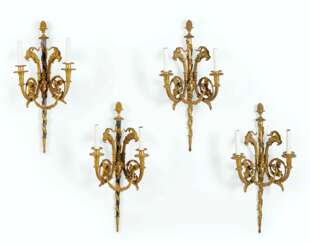 TWO PAIRS OF FRENCH ORMOLU AND PATINATED BRONZE TWIN-LIGHT WALL APPLIQUES