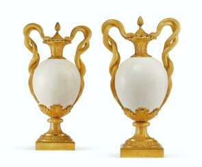 A PAIR OF FRENCH ORMOLU-MOUNTED WHITE MARBLE VASES