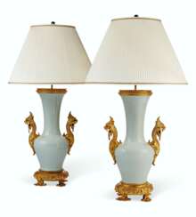 A PAIR OF FRENCH ORMOLU-MOUNTED CELADON VASES, MOUNTED AS LAMPS