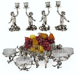 AN ITALIAN SILVER AND CUT-GLASS SEVEN-BOWL CENTERPIECE EPERGNE AND FOUR MATCHING CANDLESTICKS