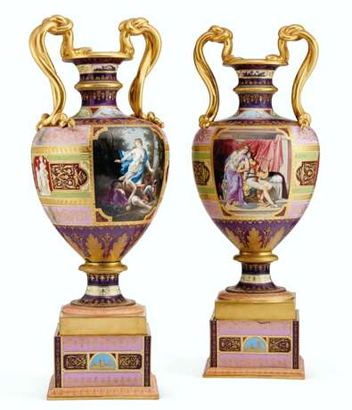 A LARGE PAIR OF VIENNA STYLE PORCELAIN POLYCHROME SNAKE-HANDLED VASES - фото 1