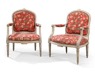 A PAIR OF LATE LOUIS XV GREY AND WHITE-PAINTED FAUTEUILS