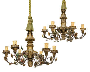 A PAIR OF NORTH ITALIAN GILT-VARNISHED-SILVERED ('MECCA') AND TOLE SIX-LIGHT CHANDELIERS