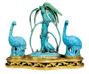 A LOUIS XV ORMOLU CENTREPIECE MOUNTED WITH CHINESE TURQUOISE-GLAZED PORCELAIN
