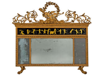 A NORTH ITALIAN GILTWOOD AND VERRE EGLOMISE TRIPLE-PLATE OVERMANTEL MIRROR