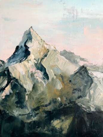 Gemälde „Berge bei Sonnenuntergang“, Karton, Ölfarbe, Landschaftsmalerei, 2020 - Foto 1