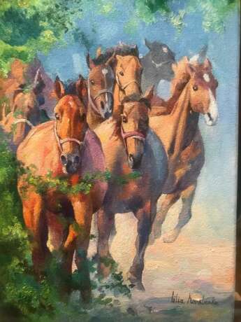 Modular picture “Running horses”, Canvas, Oil paint, Classicism, Landscape painting, 2020 - photo 1