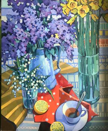 Painting “Tea with lemon and flowers”, Canvas, Oil paint, Still life, 2020 - photo 1