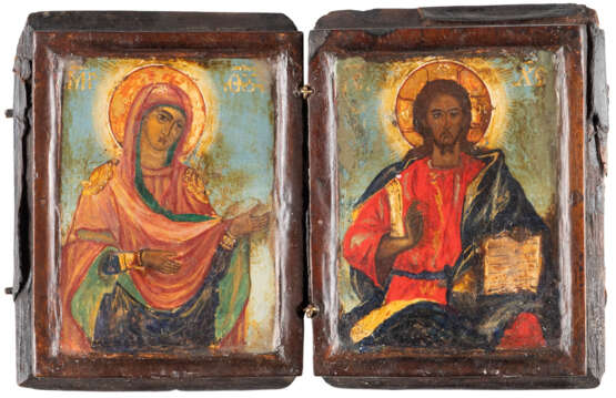 KLEINES DIPTYCHON IN BUCHFORM MIT DER GOTTESMUTTER UND CHRISTUS PANTOKRATOR MIT SILBER-OKLAD Balkan - photo 1