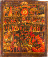 GROSSFORMATIGE IKONE MIT DEM JÜNGSTEN GERICHT 2. Hälfte 20. Jahrhundert Verbund dreier Bretter mit zwei Rückseiten-Sponki. Ölmalerei auf Kreidegrund