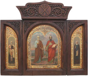 GROSSFORMATIGES TRIPTYCHON MIT DEN APOSTELN PETRUS UND PAULUS UND DEN HEILIGEN NIKOLAUS VON MYRA UND SERGEJ VON RADONESCH Russland