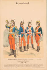DEUTSCHER LITHOGRAPH Tätig 2. Hälfte 19. Jahrhundert Fünf Arbeiten: Uniformen der Kaiserlichen russischen Armee Lithografie auf Papier. Min. 20 cm x 13