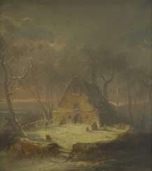 Verschneites Gehöft bei Mondschein, 1845