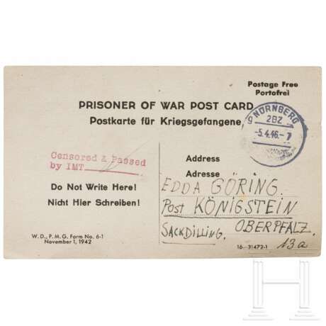 Hermann Göring - eigenhändige Karte an seine Tochter Edda aus Nürnberg vom April 1946 - photo 1