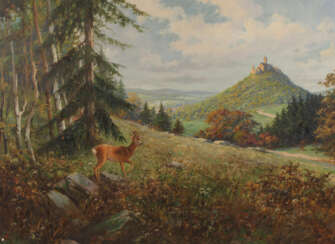 G. Horn, Thüringer Landschaft mit Rehen vor der Wartburg