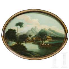 Großes klassizistisches Tablett mit feiner Malerei in der Art der Manufaktur Stobwasser, wohl England, frühes 19. Jahrhundert