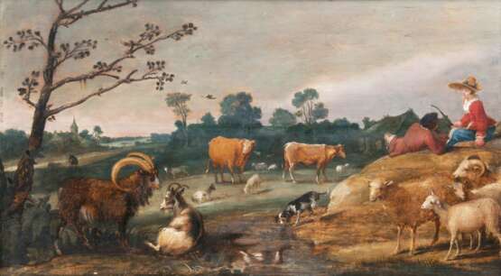 Niederländischer Meister tätig 18. Jahrhundert. Weidelandschaft mit Hirten und Tieren - Foto 1