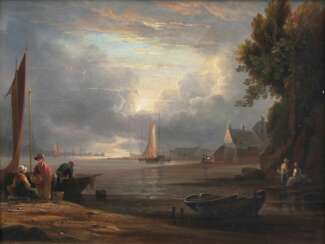 Abraham Pether (Chichester 1756 - Southhampton 1812), zugeschrieben. Flussmündung mit Werft und Stadt