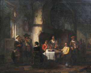 Henri Joseph Gommaru Carpentero (Antwerpen 1820 - Schaerbeck 1874). Gesellschaft mit wandernden Musikanten