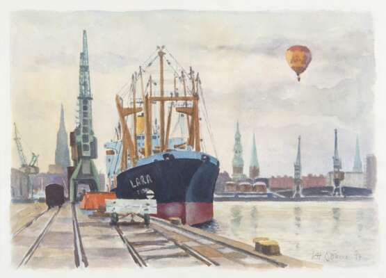 Karl-Heinz Böhme (Hamburg 1920). Hafen mit Panorama von Hamburg - фото 1