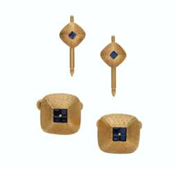 GROUP OF GOLD AND SYNTHETIC SAPPHIRE CUFFLINKS AND SHIRT STU...