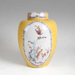 Large lidded vase with 'Shiba Onko pattern and yellow rear Large lidded vase with 'Shiba Onko pattern and yellow rear