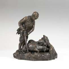 Gustave Hierholtz (Lausanne 1877 - 1954). Bronze-Gruppe 'Jäger mit seinen beiden Hunden'