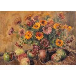 LANG, G. (Maler/in 20. Jahrhundert), "Stillleben mit Zinnien in Vase und Äpfeln",
