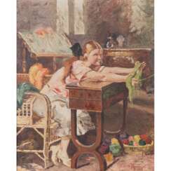 FRANCESCHELLI, A. (ital. Künstler des 19./20. Jahrhundert), "Mädchen am Nähtisch",