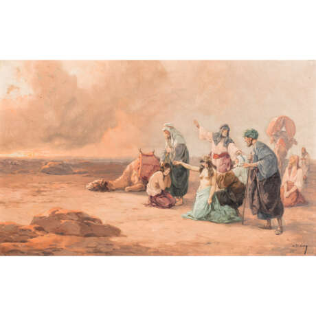 DIDIEN, J. (Maler/in 19./20. Jahrhundert). "Beduinen mit drei orientalischen Frauen in der Wüste", - Foto 1