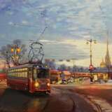 Painting “Evening tram on Petrogradka”, Canvas on the subframe, Tempera, Realist, Landscape painting, 2020 - photo 1